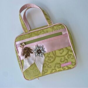 Trina Turk Brocade Rococo Beaded, Bows Makeup Toiletry Travel Bag, Pink & Green